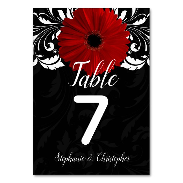 Schwarz-weiß Red Gerbera Daisy Wedding Tischnummer (Vorderseite)