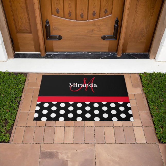 Schwarz-weiß Red Monogram Script Polk Fußmatte (Außenbereich)
