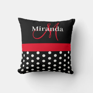 Schwarz-weiß Red Monogram Script Polka Dots Kissen