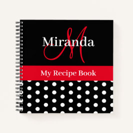 Schwarz-weiß Red Monogram Script Polka Dots Rezept Notizbuch