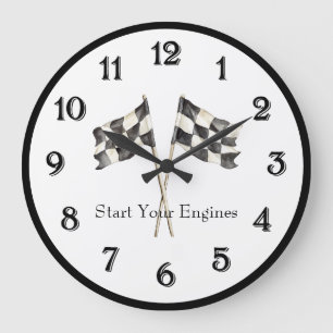 Schwarz-Weiß-Rennwagen-Flaggen   Große Wanduhr