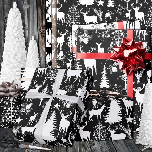 Schwarz-Weiß-Rentierwald modern Geschenkpapier Set (Black And White Woodland Forest Reindeer Wrapping Paper In A Three Sheet Trio Pack)