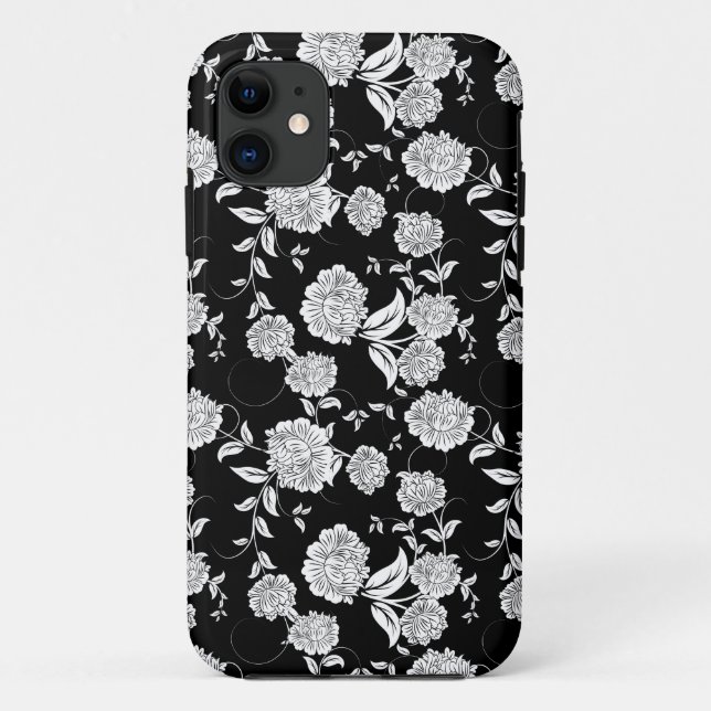 Schwarz-Weiß-Retro-Blume-Muster Case-Mate iPhone Hülle (Rückseite)