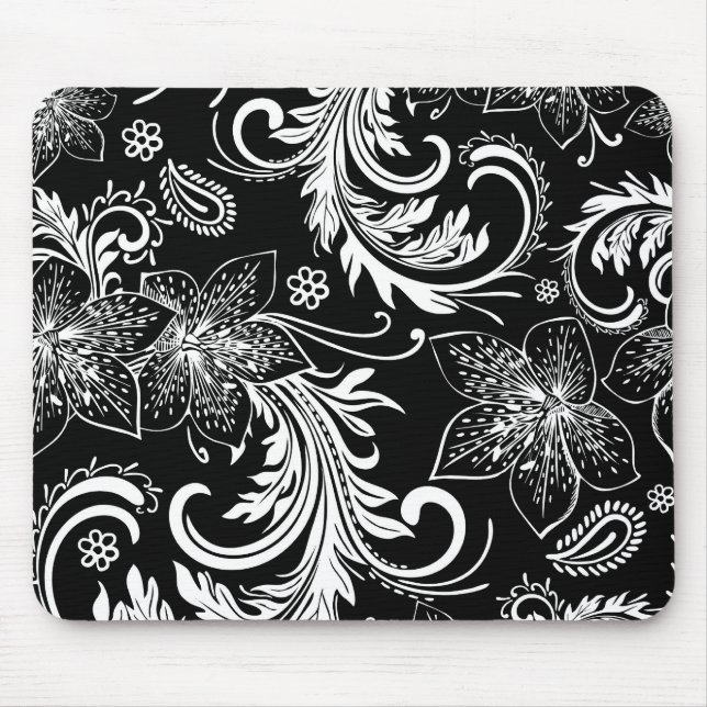 Schwarz-Weiß-Retro-Blume und Wirbel-Design Mousepad (Vorne)