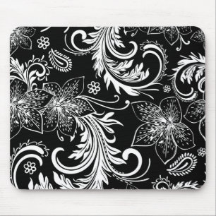Schwarz-Weiß-Retro-Blumen- und Schwirbeldesign Mousepad