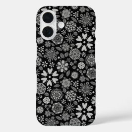Schwarz-Weiß-Retro-Blumenkunst Nahtloses Muster iPhone 16 Hülle