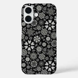 Schwarz-Weiß-Retro-Blumenkunst Nahtloses Muster iPhone 16 Hülle