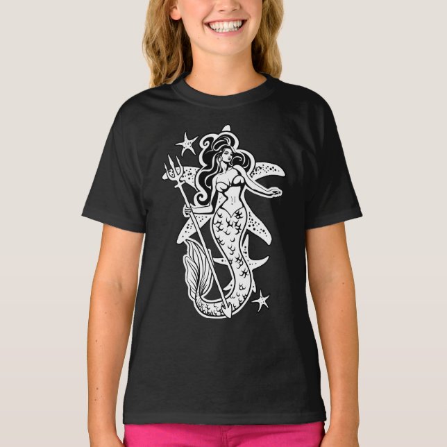 Schwarz-Weiß-Retro-Button-Up-Meerjungfrau T-Shirt (Vorderseite)