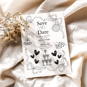 Schwarz-Weiß Retro Doodle Art Hochzeit Save The Date