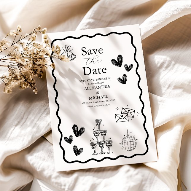 Schwarz-Weiß Retro Doodle Art Hochzeit Save The Date (Von Creator hochgeladen)