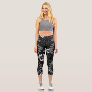 Schwarz-Weiß-Retro-Floral Capri Leggings