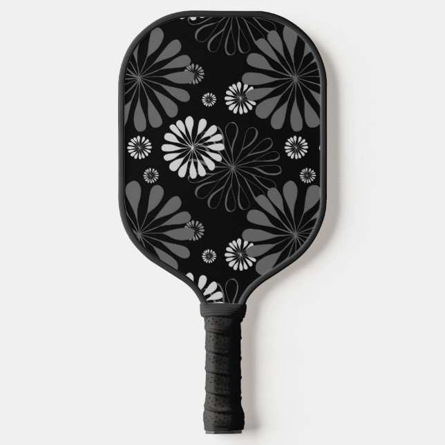 Schwarz-Weiß-Retro-Floral Pickleball Schläger (Vorderseite)