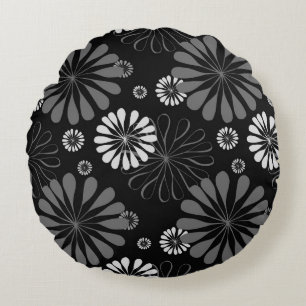 Schwarz-Weiß-Retro-Floral Rundes Kissen