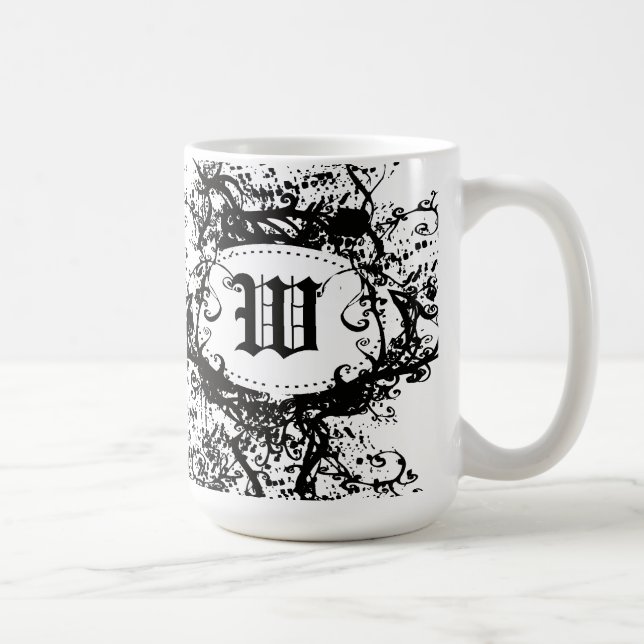 Schwarz-Weiß-Retro-Muster, Monogramm W Tasse (Rechts)