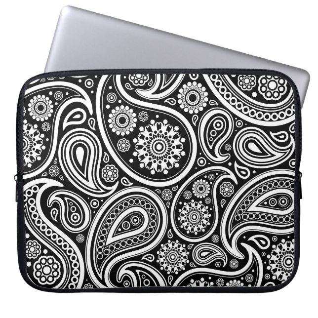 Schwarz-Weiß-Retro-Paisley-Muster Laptopschutzhülle (Vorderseite)
