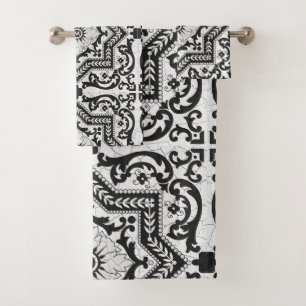 Schwarz-Weiß-Risse-Keramik Stil Azulejo Badhandtuch Set