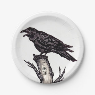 Schwarz-Weiß-Rochen-Gothic-Bird-Monogramm Pappteller
