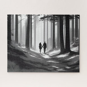 Schwarz-Weiß-Romantische Paarwanderung im Wald Puzzle