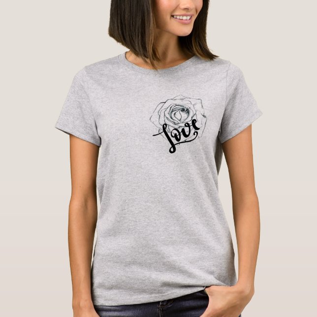 Schwarz-Weiß-Rosa-Blume mit Liebe T-Shirt (Vorderseite)