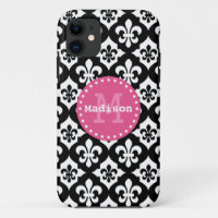 Schwarz-weiß rosa Fleur-De-Lis-Muster Monogramm