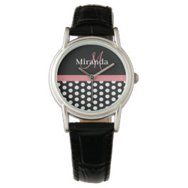Schwarz-weiß-rosa-Monogramm-Polka-Dot Armbanduhr