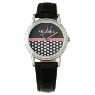 Schwarz-weiß-rosa-Monogramm-Polka-Dot Armbanduhr