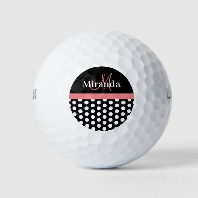 Schwarz-weiß-rosa-Monogramm-Polka-Dot Golfball (Vorderseite)