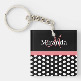 Schwarz-weiß rosa Monogramm Polka Dot Schlüsselanh Schlüsselanhänger