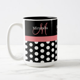 Schwarz-weiß-rosa-Monogramm-Polka-Dot Zweifarbige Tasse