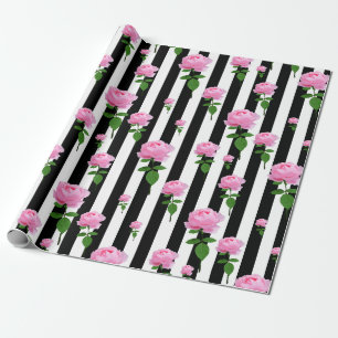 Schwarz Weiß Rosa Rose Blumen Streifen Linien Geschenkpapier