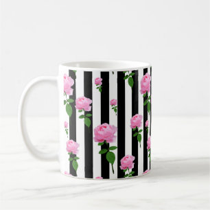 Schwarz Weiß Rosa Rose Blüten Streifen Linien Kaffeetasse
