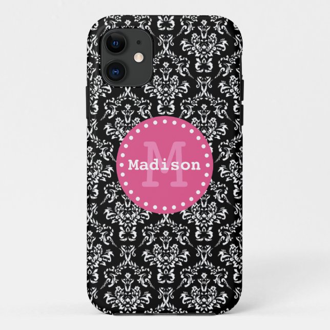 Schwarz-weiß rosa Viktorianische Damaselmonogramm Case-Mate iPhone Hülle (Rückseite)