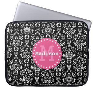 Schwarz-weiß rosa Viktorianische Damaselmonogramm Laptopschutzhülle