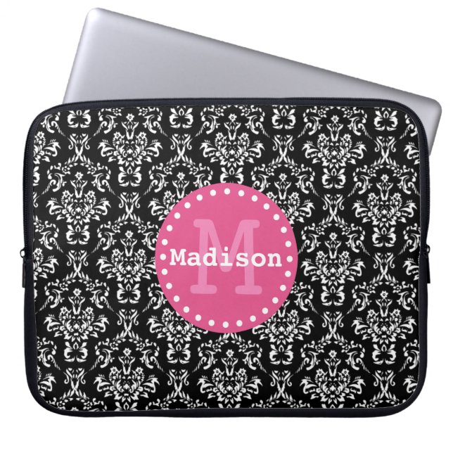 Schwarz-weiß rosa Viktorianische Damaselmonogramm Laptopschutzhülle (Vorderseite)