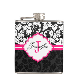 Schwarz Weiß & Rosa Vintage Blumen Damast Flachmann
