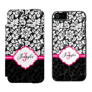 Schwarz Weiß & Rosa Vintage Blumen Damast Incipio Watson™ iPhone 5 Geldbörsen Hülle