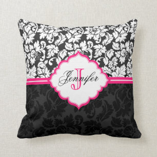 Schwarz Weiß & Rosa Vintage Blumen Damast Kissen