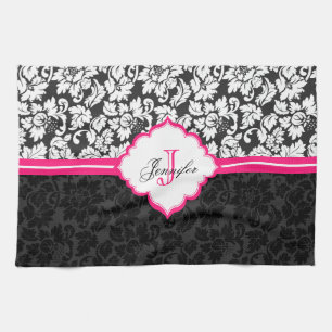 Schwarz Weiß & Rosa Vintage Blumen Damast Küchentuch