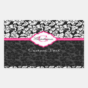 Schwarz Weiß & Rosa Vintage Blumen Damast Rechteckiger Aufkleber