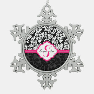 Schwarz Weiß & Rosa Vintage Blumen Damast Schneeflocken Zinn-Ornament
