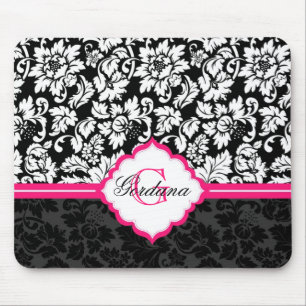 Schwarz Weiß & Rosa Vintage Florale Damastmuster Mousepad