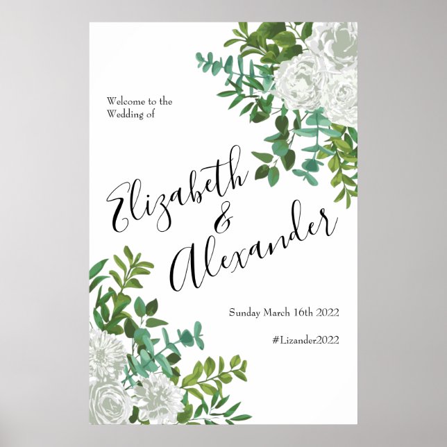 Schwarz-Weiß-Rose-Blumenhochzeit Poster (Vorne)