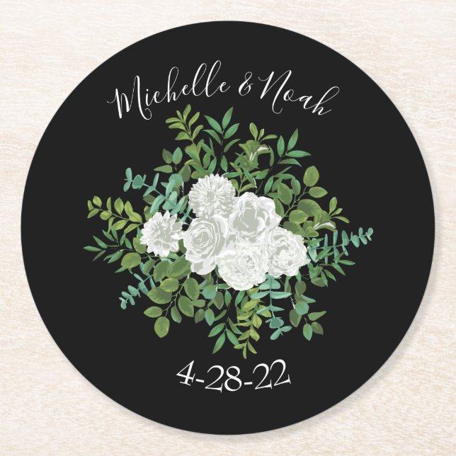 Schwarz-Weiß-Rose-Blumenhochzeit Runder Pappuntersetzer (Vorderseite)