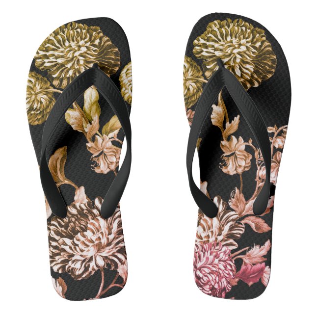 Schwarz-Weiß-Rose Gold Botanischer Blumenzahn Flip Flops (Fußbett)