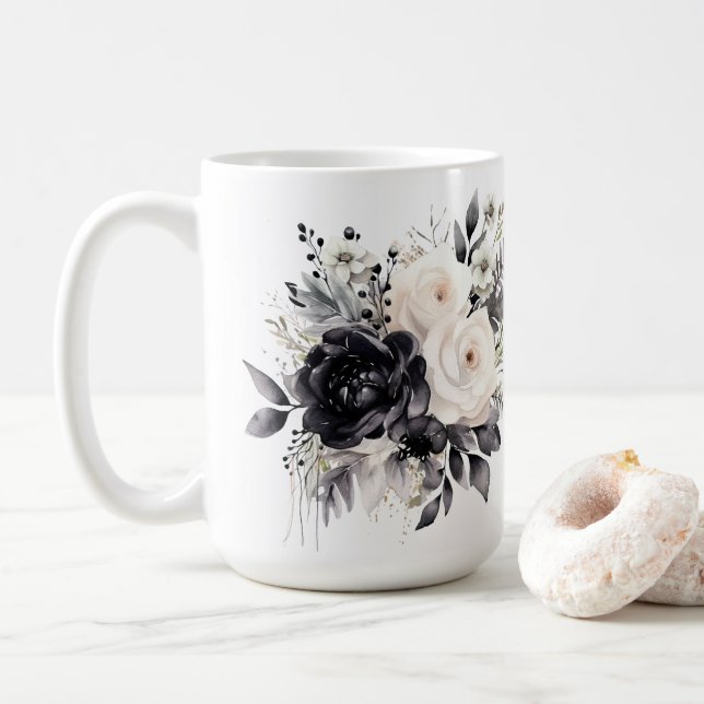Schwarz-Weiß-Rosen auf Weiß Kaffeetasse (Mit Donut)