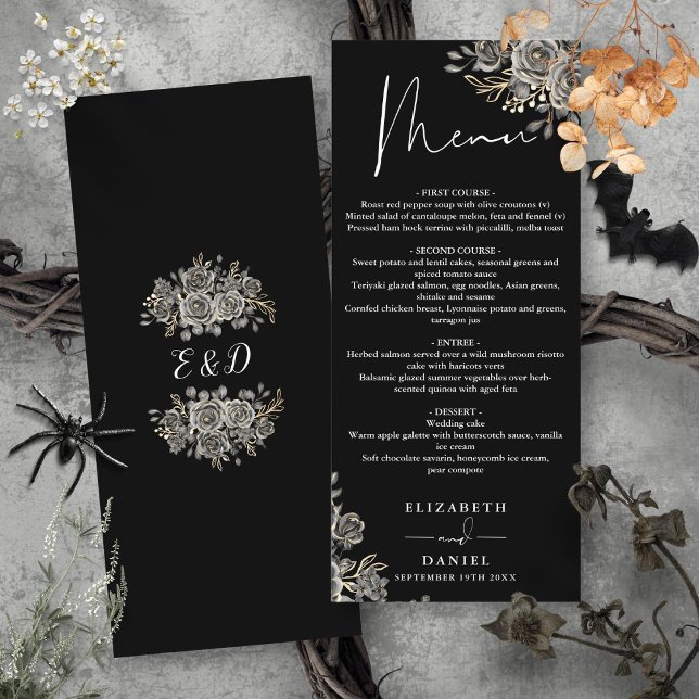 Schwarz-Weiß Roses Blumengotik Hochzeitsessen Menükarte (Black And White Roses Floral Gothic Wedding Dinner Menu)