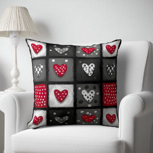 Schwarz Weiß Rot Patchwork mit Herzen Kissen