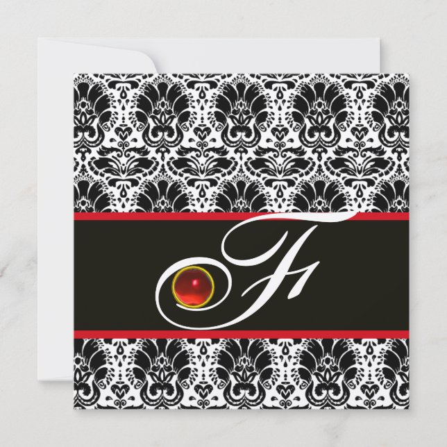 SCHWARZ WEISS ROT SILBER DAMAST MONOGRAMM Ruby Einladung (Vorderseite)