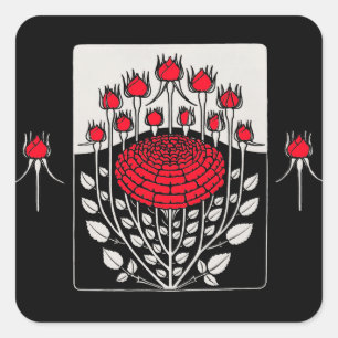 SCHWARZ WEIß ROTE ROSEN ,ROSENKNOSPEN Art Nouveau Quadratischer Aufkleber