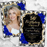 Schwarz-weiß Royal Blue Foto 50. Geburtstag Einladung<br><div class="desc">Elegante florale feminine 50. Geburtstagseinladung mit Ihrem Foto auf der Kartenrückseite. Glam Schwarz-weißes königsblaues Design mit Imitaten Glitzer Gold. Enthält schwarz-weiße Damask-Muster, saphir-blaue Rose, Script-Schriftart und Konfetti. Ideal für ein stilvolles Party für Erwachsene. Personalisieren Sie Ihre persönlichen Daten. Kann für jedes Alter angepasst werden! Gedruckte Zazzle Einladungen oder Sofortdownload digitalen...</div>